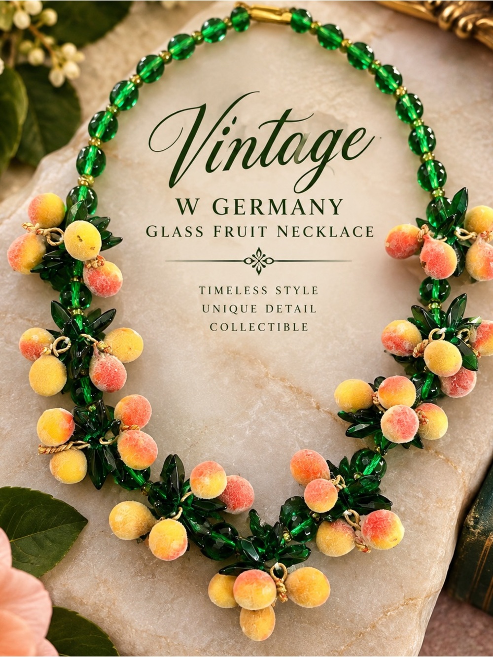 Vintage Signed W Germany Glass Fruit Necklace - Green and Peach